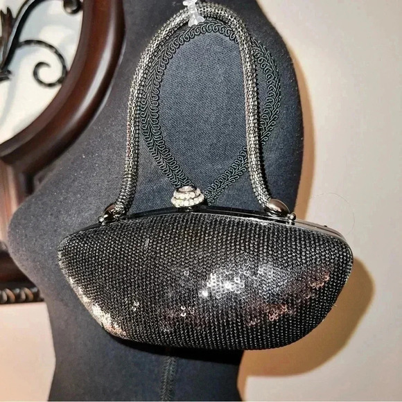 Ellian Black Sequin Evening Bag Purse Spring Handle Rhinestone Accent Closure - Picture 1 of 15